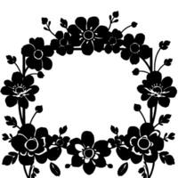 ornate black floral wreath with white outlines and a circular empty center on a white backdrop. vector