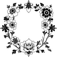 intricate floral wreath in black and white, featuring detailed blooms and leaves arranged in a circular, ornamental composition with blank space. vector