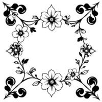 intricate black and white floral frame stylized blossom arrangement with swirls and leaves, symmetrical pattern. vector