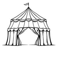 illustration of a classic circus tent with detailed lines, curtains, flag, and scalloped edges on a white background. vector