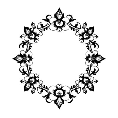 elegant black and white floral wreath intricate line art of blooms and decorative swirls, on a white backdrop, providing a romantic and timeless aesthetic.