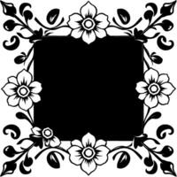 a symmetrical black and white floral frame with flowers and leaves, surrounding a central black square, creating a decorative border. vector