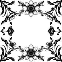 intricate black and white floral frame with detailed ink drawings and elegant botanical elements on white background. vector