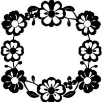 a symmetrical black and white floral wreath, featuring stylized flowers with multiple petals and leaves, creating a decorative border. vector