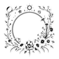 ornate black and white floral and celestial frame with moon, stars, and sun elements, circular for invitation or decorative use. vector