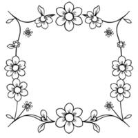 black and white floral illustration forming a rectangular border, featuring daisies, leaves, and vines, with blank space in the center. vector