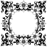 intricate black and white floral frame with symmetrical arrangement of stylized flowers, leaves, and decorative flourishes, creating an elegant border. vector