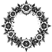intricate black and white floral wreath with detailed botanical elements, elegant pointed decorations, and a celestial sphere, creating a sophisticated aesthetic. vector