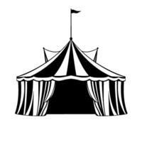 of a classic black and white circus tent with striped canopy, a flag, and draped curtains, set against a stark white backdrop. vector