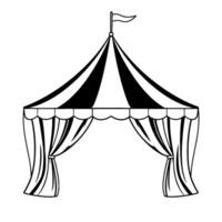 monochrome circus tent illustration with striped canopy, draped curtains, a flag on top, and soft shadow, on a white background. vector