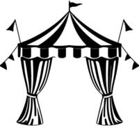 detailed black and white illustration of a circus tent entrance, featuring striped awning, draped curtains tied, and pennant flags on a white background. vector