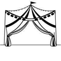 black and white circus tent outline with striped canopy, draped curtains, string lights, and pennant. vector