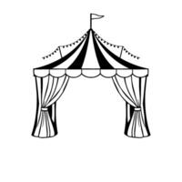 a whimsical monochrome illustration of a circus tent with striped top, draped curtains, and a small flag at the apex, evoking a festive mood. vector