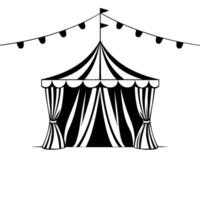striking black and white illustration of a circus tent, with striped roof and curtains, and strung bunting overhead, evoking nostalgia and celebration. vector