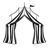 a minimalist monochrome circus tent entrance illustration with black and white striped awnings, string lights, a small flag, and a decorative golden finial. vector