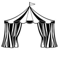 bold black and white circus tent with striped canopy, curtains, and a simple flag, illustration. vector