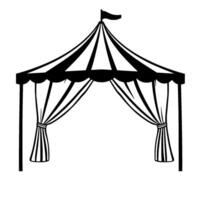 a symmetrical, stylized illustration of a circus tent with a flag, scalloped valance, and draped curtains tied at each side, rendered in black and white. vector