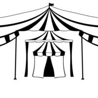 monochrome circus tent illustration featuring striped canopy, flag, supporting poles, and a smaller entrance structure. vector