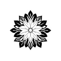 symmetrical black and white mandala with floral and leafy elements, centered on white background, intricate . vector