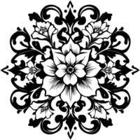 intricate black and white symmetrical floral , featuring stylized blooms, flourishes, and ornamental details, creating a decorative circular pattern. vector