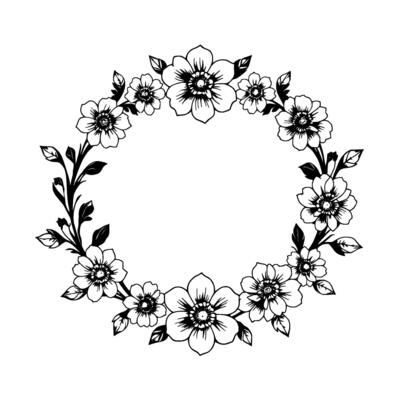 intricate floral wreath, a black and white, illustration with detailed, stylized blossoms and leaves, set against a white backdrop, creating a delicate, decorative frame.