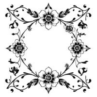 intricate floral frame with symmetrical placement of stylized flowers, leaves, and vines, in stark black and white. vector
