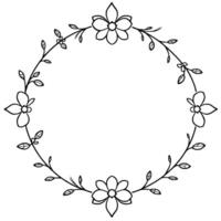 a delicate, handdrawn floral wreath composed of simple outlines of flowers and leaves, forming a circular frame on a white backdrop. vector
