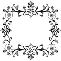 ornate black and white floral border symmetrical composition featuring stylized flowers, vines, and decorative flourishes in a rectangular frame, perfect for invitations. vector