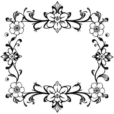 ornate black and white floral border symmetrical composition featuring stylized flowers, vines, and decorative flourishes in a rectangular frame, perfect for invitations.