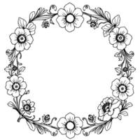 a symmetrical black and white floral wreath , featuring stylized blooms, leaves, and intricate vine details, arranged in a circular pattern. vector