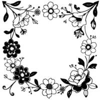 a delicate, symmetrical floral frame in black and white, featuring various flower types and leaves. vector