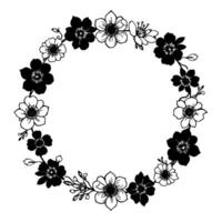 elegant monochrome floral wreath , featuring a circular arrangement of stylized flowers with varying degrees of shading and detail, set against a white backdrop. vector