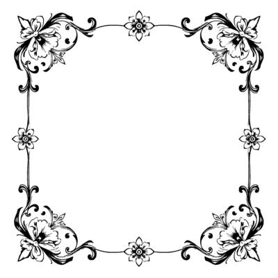 ornate black and white floral border with detailed flourishes, symmetry, and elegant for decorative framing.