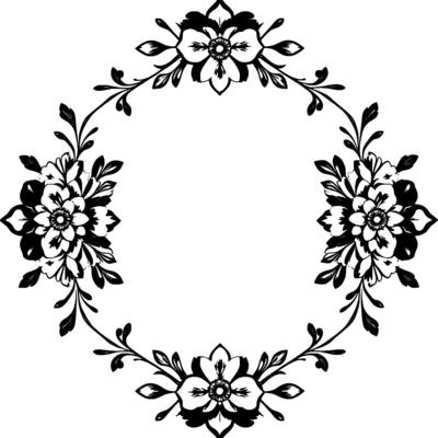 elegant black and white floral border with delicate flowers, leaves, and vines forming a symmetrical frame on white background.