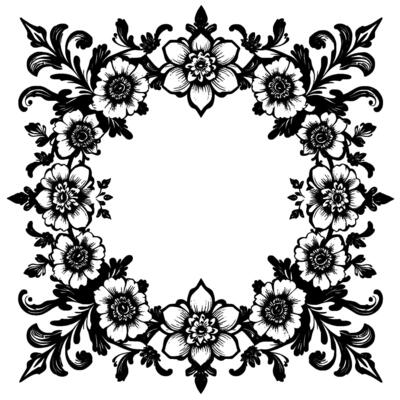 elegant black and white floral border , featuring detailed blossoms and decorative leafy elements framing a central negative space.