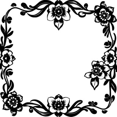 elegant black and white floral border with detailed blossoms and leafy vines, forming a square frame.
