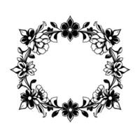 elegant black and white floral frame with detailed line art and a blank center for text or imagery, ideal for invitations or decorations. vector