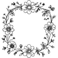 an elegant black and white floral wreath , featuring delicate blooms, buds, and leaves, creating a circular frame against a clean white background. vector