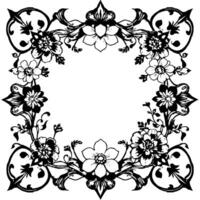 intricate black and white floral frame with detailed vines, leaves, and ornamental scrollwork, creating a decorative border. vector