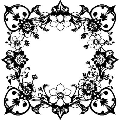 intricate black and white floral frame with detailed vines, leaves, and ornamental scrollwork, creating a decorative border.