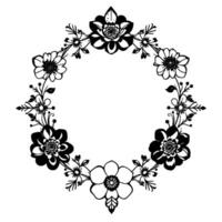 intricate black and white floral wreath geometric featuring various detailed flowers and foliage arranged in a symmetrical circular pattern on a clean white background. vector