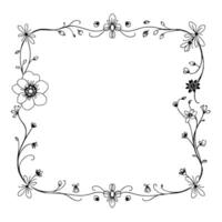 delicate black white floral frame handdrawn, minimalist with elegant flowers, leaves, and vines forming a rectangular border for invitations or decor. vector