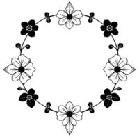 minimalist black and white floral wreath a symmetrical with eight flowers, alternating solid and outlined, and delicate leaves on curving stems, creating a circular decorative frame. vector