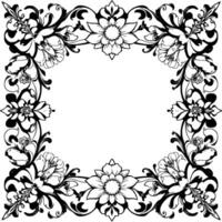 ornate black and white floral border with delicate swirls and repeating blossom motifs, offering an elegant empty center. vector