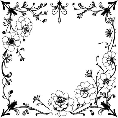 elegant black white floral border with detailed flowers and vines, providing a decorative frame.