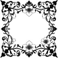 intricate black and white floral frame , featuring stylized blossoms, curved vines, and delicate details, creating an elegant border. vector