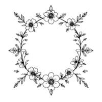 intricate black and white floral wreath , featuring delicate flowers, leaves, and branches arranged in a symmetrical circular frame. vector