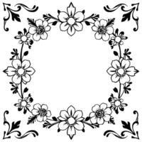 an elegant black and white floral frame , consisting of a circular wreath of intricate flower drawings with corner flourishes, perfect for invitations. vector