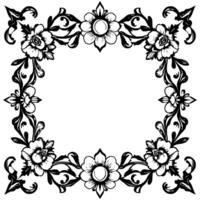 elegant black and white floral frame intricate botanical with blossoms, leaves, and flourishes, creating a symmetrical decorative border. vector