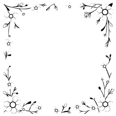 elegant black and white floral frame border with daisies and twigs, decorative elements, and negative space.
